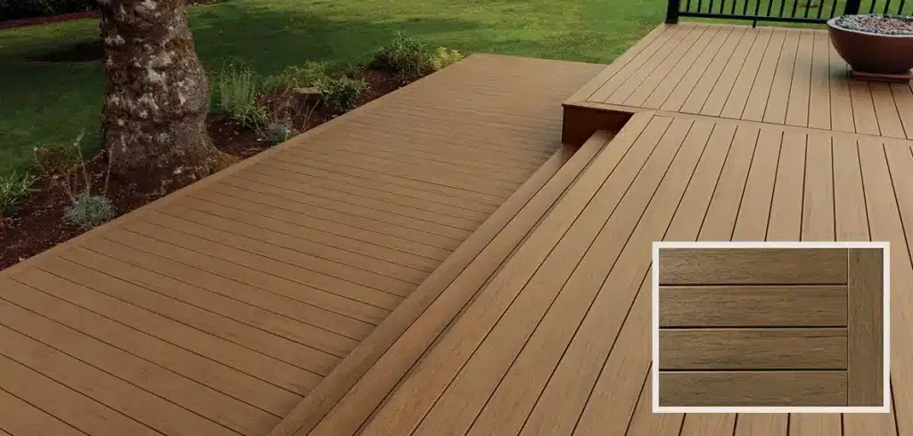 A multi-level composite deck steps into a backyard lined with a flower bed, and a close-up of the composite decking in the lower-right corner.